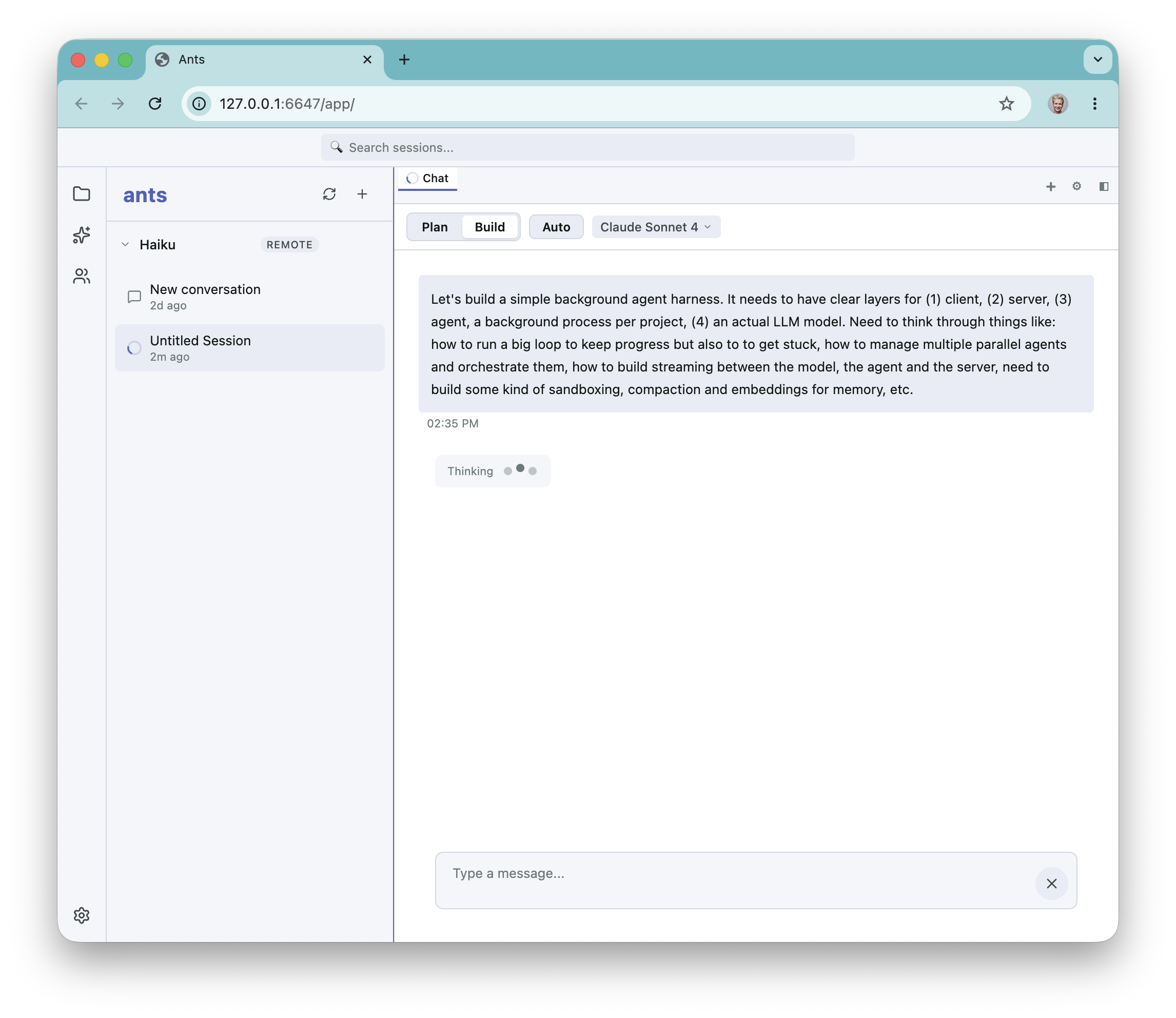 The chat sat on a 'Thinking...' indicator with no diagnostic — the user message had been posted, the agent had spawned, but the underlying model call was being silently rejected.