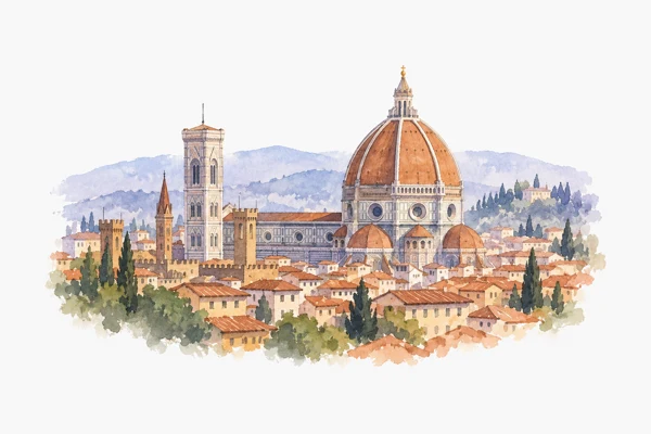Watercolor of Florence's Duomo and terracotta rooftops