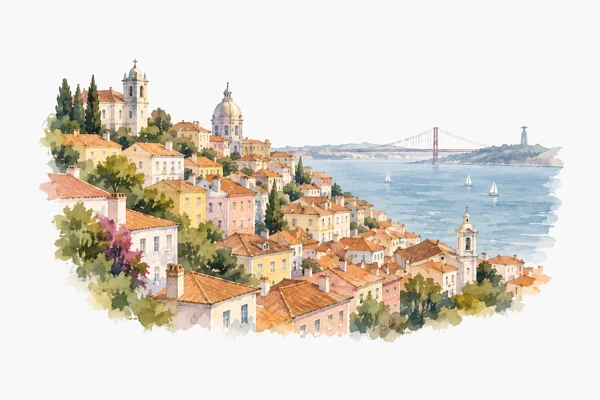 Watercolor of Lisbon's hillside rooftops and the Tagus