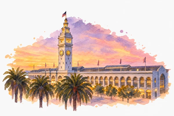 Watercolor of San Francisco's Ferry Building at sunset