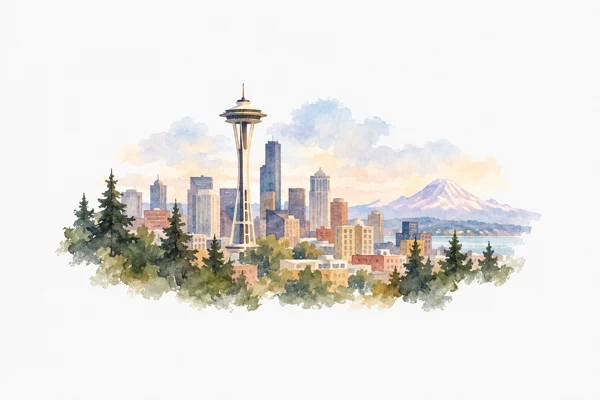 Watercolor of Seattle's skyline and Space Needle